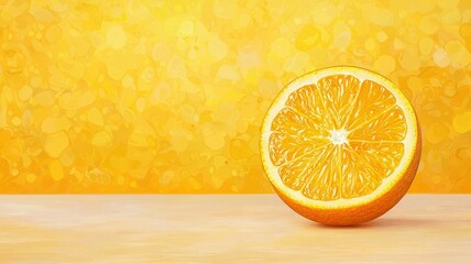 A bright, vibrant image of a sliced orange on a wooden surface, set against a cheerful yellow background.