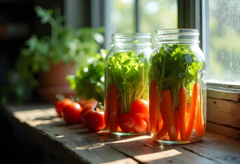 Fresh vegetables in jars, including carrots and tomatoes, are beautifully arranged on rustic wooden table by window, creating vibrant and healthy atmosphere