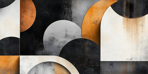Poster - Abstract Geometric Pattern in Black, White, and Orange: A captivating blend of geometric shapes in black, white, and orange creates a visually striking abstract design. The interplay of circles.