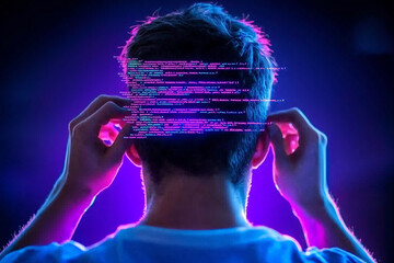 Aufkleber - person immersed in coding with digital code overlay, symbolizing technology and innovation