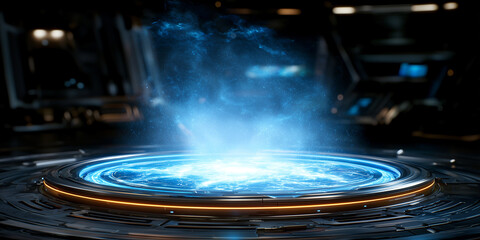 Poster - futuristic holographic interface displays glowing blue portal in dark, high tech environment, evoking sense of advanced technology and innovation