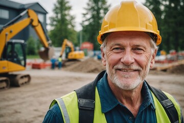 Close portrait of a smiling senior Swedish man construction worker looking at the camera, Swedish outdoors construction site blurred background