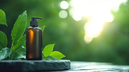 Poster - brown glass bottle with pump dispenser sits on stone surface surrounded by green leaves, set against blurred natural background with sunlight filtering through