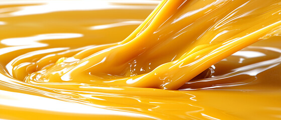 Poster - Smooth, golden liquid flowing in mesmerizing pattern, showcasing its rich texture and vibrant color. Perfect for illustrating concepts of fluidity and natural beauty