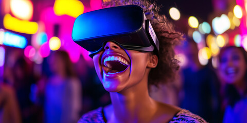 Poster - woman joyfully experiences virtual reality in vibrant, colorful cityscape at night