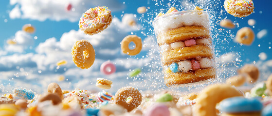 Aufkleber - delightful assortment of colorful donuts and pastries floats against bright blue sky, creating whimsical and joyful scene