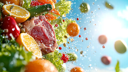Poster - vibrant assortment of fresh ingredients, including juicy cuts of meat, colorful fruits, and crisp vegetables, is captured in mid air against bright blue sky, evoking sense of freshness and vitality