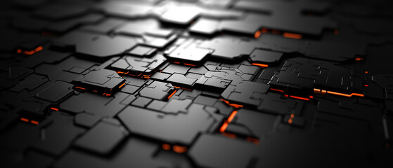 Poster - Abstract 3D grid with black geometric shapes and glowing orange lines, representing website architecture. futuristic design creates sense of depth and complexity