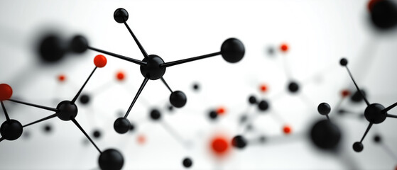 Poster - Abstract 3D molecular structure with black and red spheres connected by rods, representing scientific concept. image conveys sense of complexity and interconnectedness