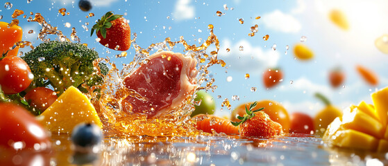 Poster - vibrant splash of fresh ingredients including tender cuts of meat, juicy strawberries, and colorful vegetables against sunny sky background, creating lively and appetizing scene