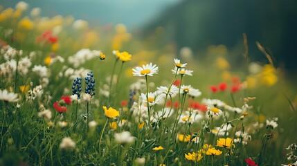 Canvas Print - A Field of Daisies, Wildflowers, and Green Grass