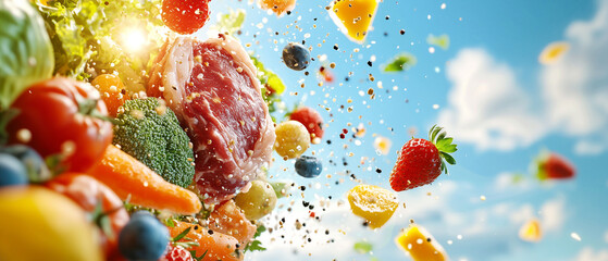 Poster - vibrant explosion of fresh vegetables, fruits, and tender meat against sunny sky, showcasing dynamic and colorful culinary scene