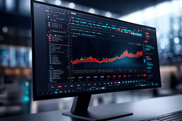 Poster - modern computer monitor displays financial graph with dark theme in sleek office setting, showcasing data analysis and stock market trends