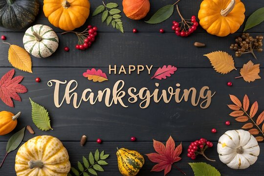 happy thanksgiving greeting text with colorful pum