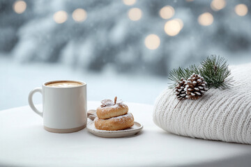 A breakfast table set for a winter morning, with mugs of coffee, cinnamon rolls, and a snowy view outside, bathed in the soft glow of morning light.