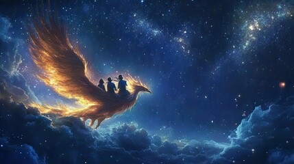 Wall Mural - three silhouettes riding a glowing phoenix above clouds and stars