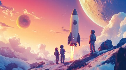 Wall Mural - two astronauts witness a rocket launching into a pink and purple sky