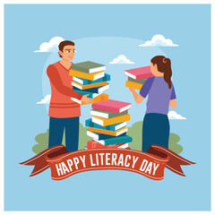 Wall Mural - Boy and girl with a stack of books. Read books to increase knowledge. Happy Literacy Day concept. Flat vector illustration.