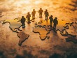 © praewpailyn - Silhouette of people standing on a map, symbolizing global unity and collaboration. Ideal for themes of teamwork, international relations, and globalization.