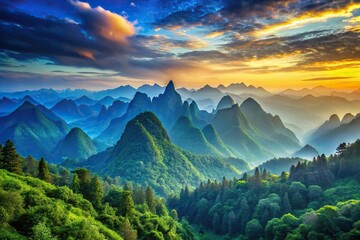Wall Mural - a majestic blue mountain range with towering peaks and lush green forests at sunset, rock formations