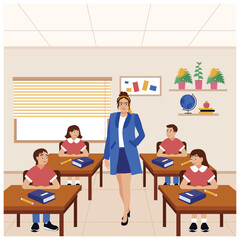 Wall Mural - Female teacher standing in the middle of students. The teacher gives lessons in class. Teacher's Day concept. Flat vector illustration.