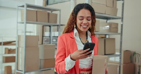 Poster - Walking, smile and woman with smartphone, office and communication with supplier, fashion and entrepreneur. Logistics, multitask and typing with mobile for export, person and app for small business