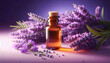 © M.studio - Amber bottle of lavender essential oil surrounded by fresh lavender flowers in a soft, serene setting
