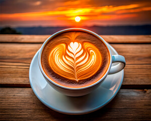 A steaming cup of coffee with latte art. Coffee with a latte art with sunset background.