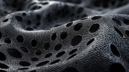 A close up of a black fabric with holes in it