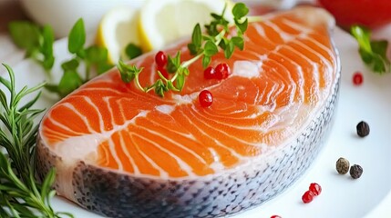 High-quality raw salmon fish steak with bright orange color, marbled texture, isolated on white, capturing freshness and culinary appeal