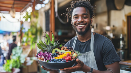 Sticker - A smiling man holds a bowl full of colorful fruits and vegetables..