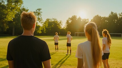 Four people on a field watch two others playing soccer.