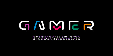 Wall Mural - modern font alphabet from multi-colored segment line, minimal technology style letters, and numbers,