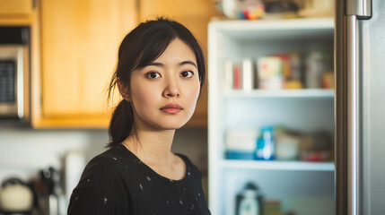 A woman of Asian descent is standing in her kitchen by the refrigerator.