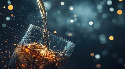 Wall Mural - Whiskey pouring into a tumbler on a dark background with sparkling bokeh lights for a moody, elegant feel