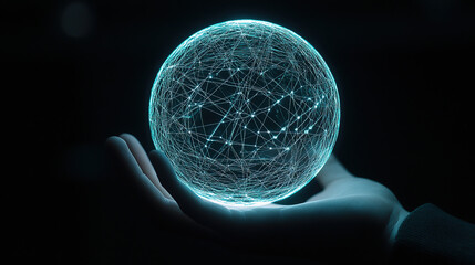 Wall Mural - hand holding a glowing digital network sphere on a dark background, a technology concept