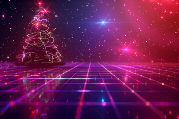 Universe Retro Futuristic 80's Background. Synthwave wireframe net grid. Christmas tree in retro sunset style. 80s, 90s Retro futurism, Retro wave cyber grid. Deep space surfaces. Neon glow particles
