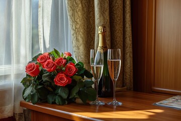 Honeymoon. Sparkling wine, glasses and a bouquet of roses on a wooden table in the room. 