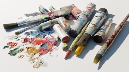 A vibrant collection of paint tubes, brushes, and colorful palettes rests on a surface, illuminated by soft natural light, capturing the essence of a creative art session.