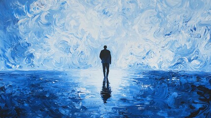 Poster - Explore the surreal beauty of a blue landscape with a solitary figure walking in reflection