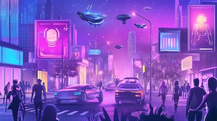 Aufkleber - Explore a stunning futuristic cityscape with flying vehicles and neon lights on science fiction day