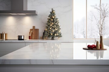 Poster - White marble countertop christmas kitchen tree.