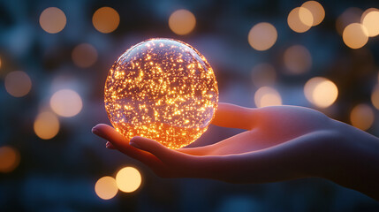 Hand holding a glowing digital network sphere on a dark background, a technology concept