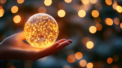 Hand holding a glowing digital network sphere on a dark background, a technology concept