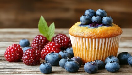 A delicious cupcake topped with blueberries sits among fresh blueberries and raspberries on a wooden surface.