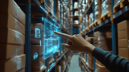 A hand reaching out to touch a holographic digital icon of warehouse shelves, surrounded by rows and rows of boxes in the background