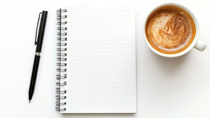 office desk with a white table featuring a blank notebook computer supplies and a coffee cup top vie