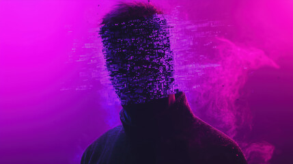 Poster - Digital ghost figure with glitching face in neon haze