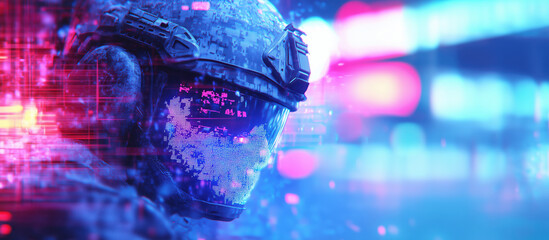 Poster - Cyborg military ghost in neon cyberpunk background, showcasing advanced technology and emotion