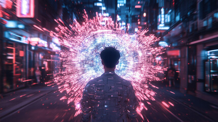 Poster - cyborg military ghost standing in neon cyberpunk background, vibrant energy